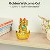 Decorative Showpiece –Feng Shui Cat Sitting On Money Ingots |Golden Waving Hand Cat |Symbol of Good Luck, Wealth, Health & Happiness