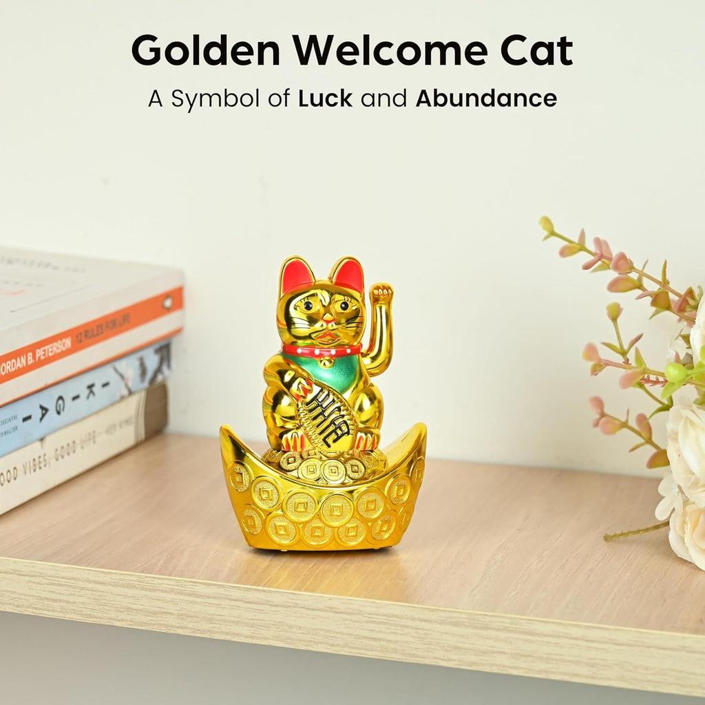 Decorative Showpiece –Feng Shui Cat Sitting On Money Ingots |Golden Waving Hand Cat |Symbol of Good Luck, Wealth, Health & Happiness