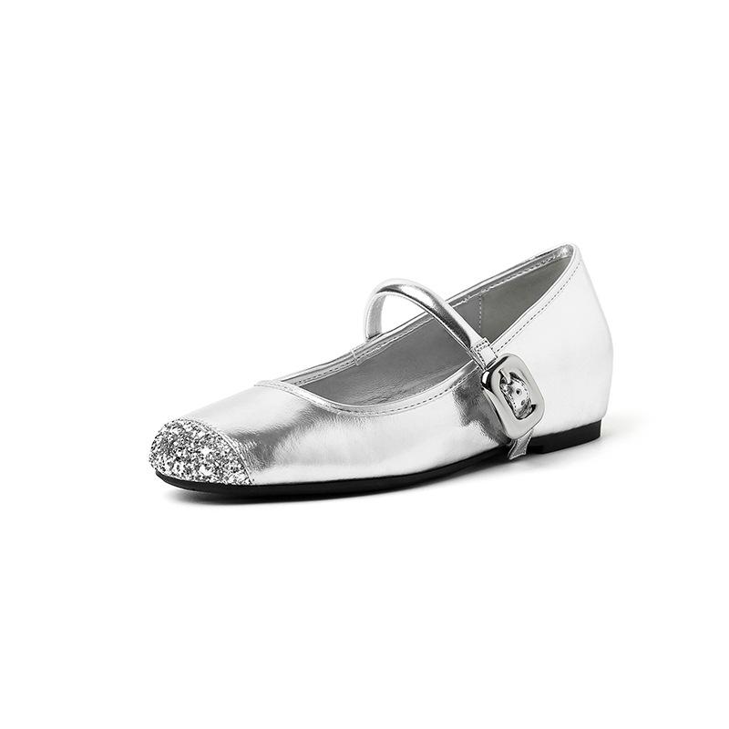 Schafsleder-Version Französische Strasssteine Silberne Einzelne Schuhe Damen Superweiche Ballerinas Weiche Sohle Einwort mit Innenhöhe Erhöhung Leichter Mund singen