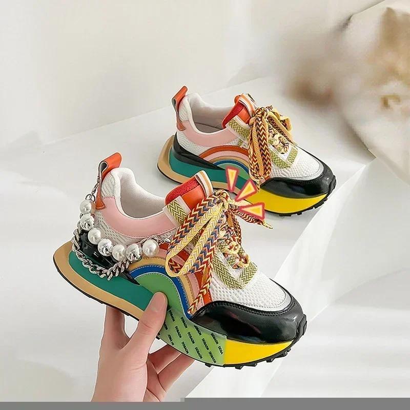Neue vulkanisierte Damenschuhe mit schillernder Perlenkette und Schnürung, Plateau-Sneakers für Damen, Zapatos De Mujer, Damenschuhe