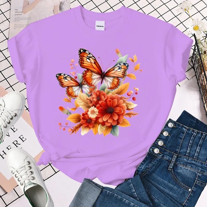 Cute Fall Flower Butterfly Print T Shirts For Women&Girls Casual Round Neck Tees Top Summer Women`S Loose tops