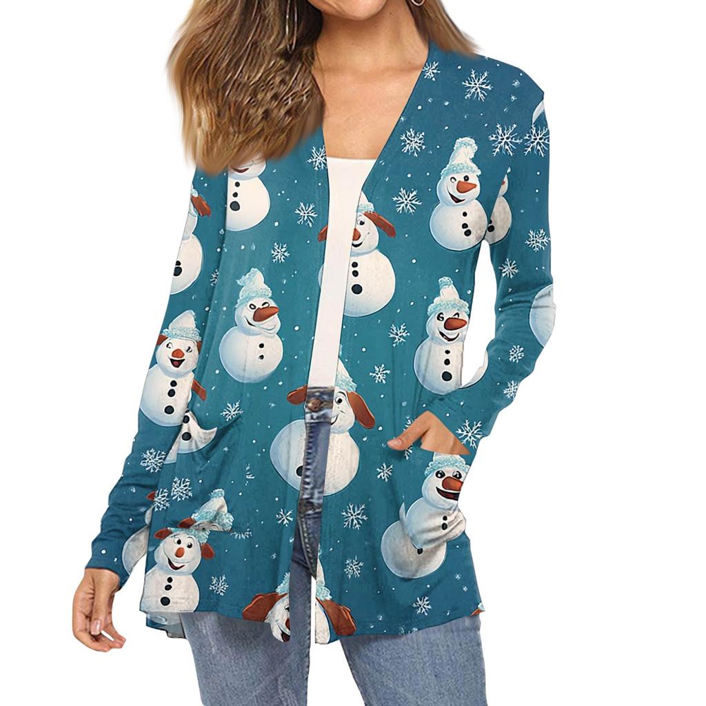 Women's Fashion Christmas Print Long-Sleeved Pocketed Slim-Fit Cardigan Coat