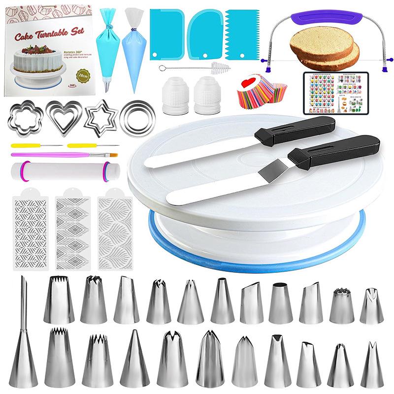 Back- und Konditoreiwerkzeug-Set: Kuchen-Dekorations-Drehteller, Spritztüllen & -beutel, Spachtel, Teigschaber