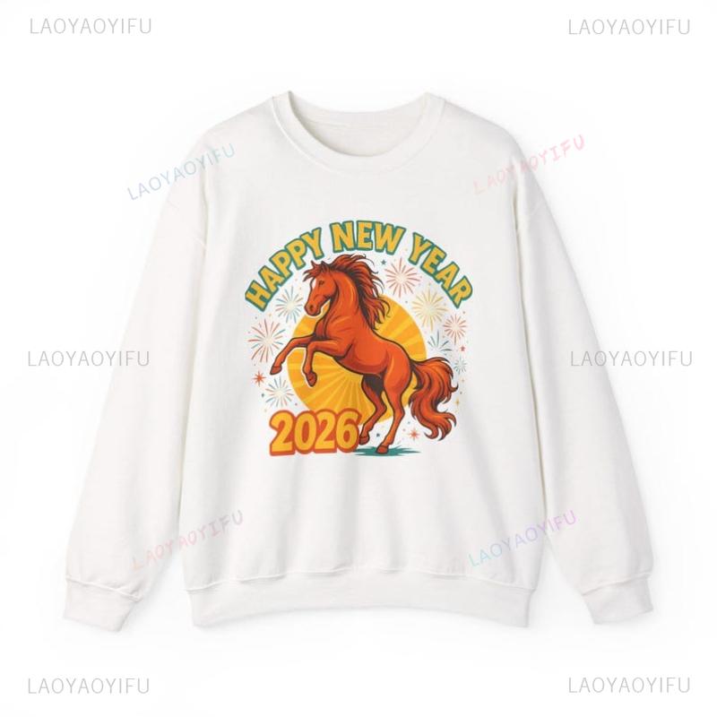 Happy New Year Keep Warm Horse Sweatshirt of The Lunar Gift Holiday Crewneck Matching Hoodies Autumn and Winter Adult Pullover