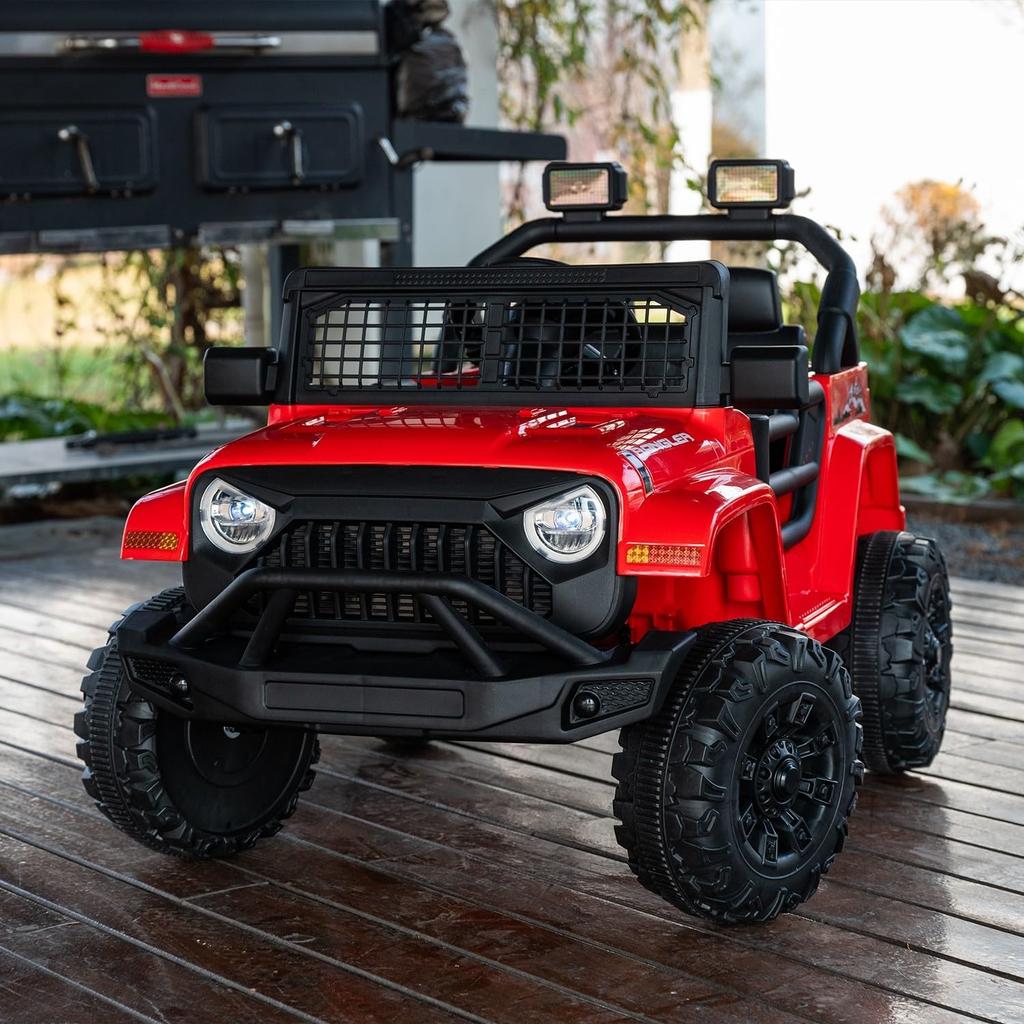12V 7AH Ride-On Truck Jeep, Kids Electric Car with Parent Remote Control, Spring Suspension, LED Lights, Bluetooth, Music, Red