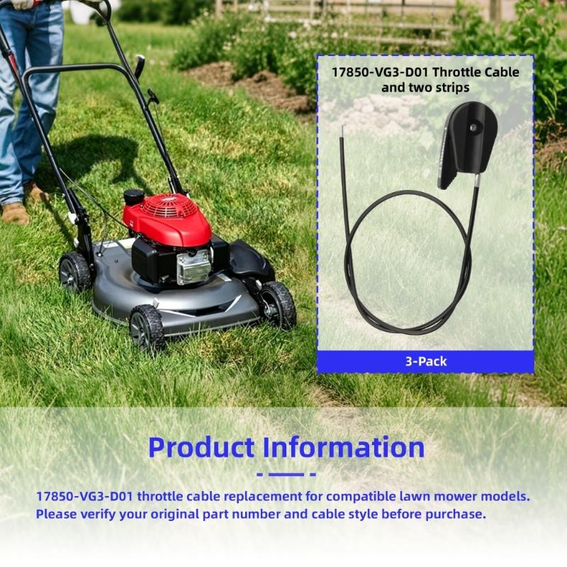Control Cable for Lawn Mower, 17850-VG3-D01 Replacement Assembly, 48 In Direct Replacement Part with 2 Cable Ties for Routine Repair