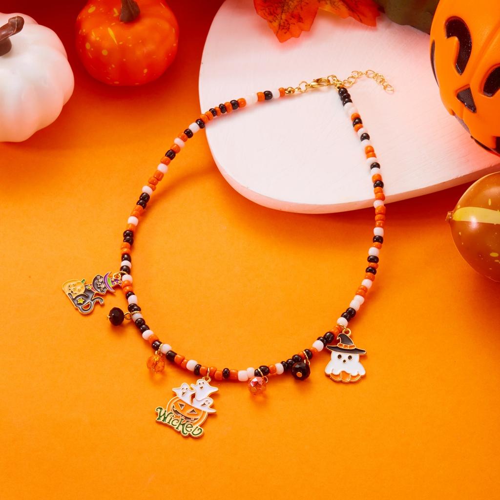Halloween Halskette Spinnennetz Fledermaus Herz Geist Schwarze Katze Kürbis Anhänger Perle Gotischer Schmuck Für Frauen Männer Party Zubehör Geschenk