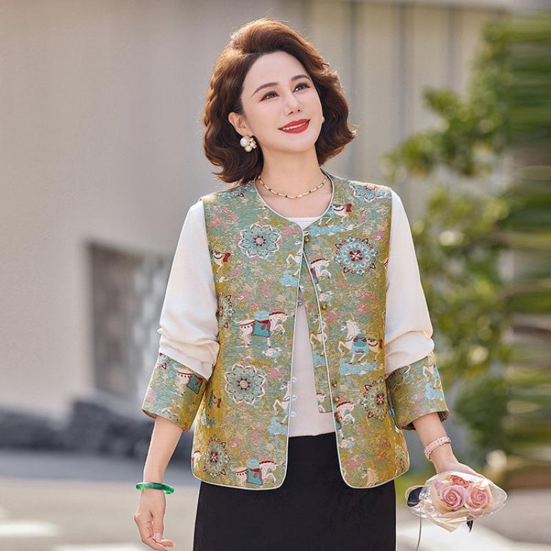 

Elegant Vest and Top Set for Middle-Aged Women - Chinese National Trend Spring Slimming Outfit XL [for 90-105 jin]