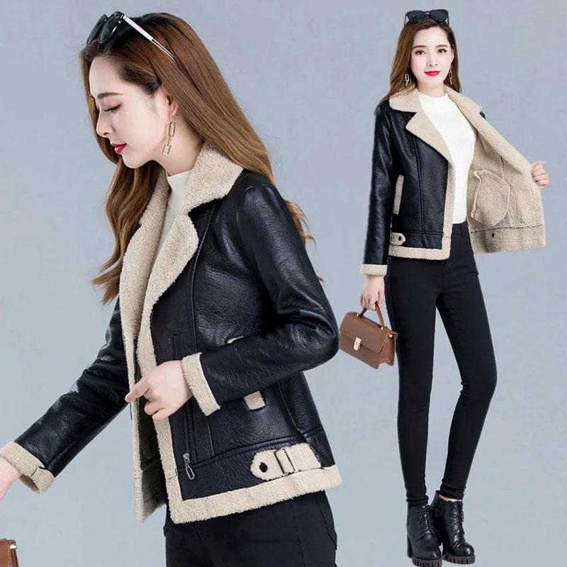 Winter Women's Leather Fashion Fur Coat Lamb Fur Coat Plus Velvet Thick Short Large Size Leather Coat