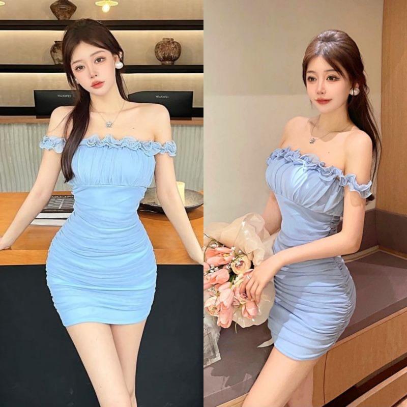 Sweet temperament warped fungus slim suspender skirt one-word shoulder halter waist thin temperament short dress women
