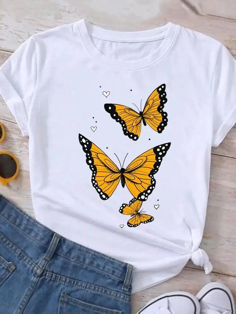 Graphic T Shirt Sunflower Butterfly Cute Summer Casual Clothing Short Sleeve Women Print Fashion Clothes Tee T-shirt FeUnisex Top
