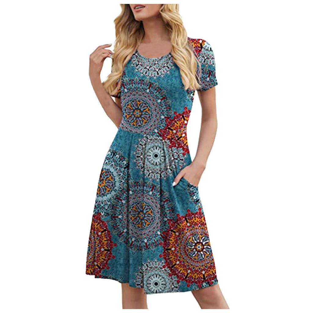 Women's Fashion Prints Pleated Loose With Pockets Round-Neck Leisure Dress