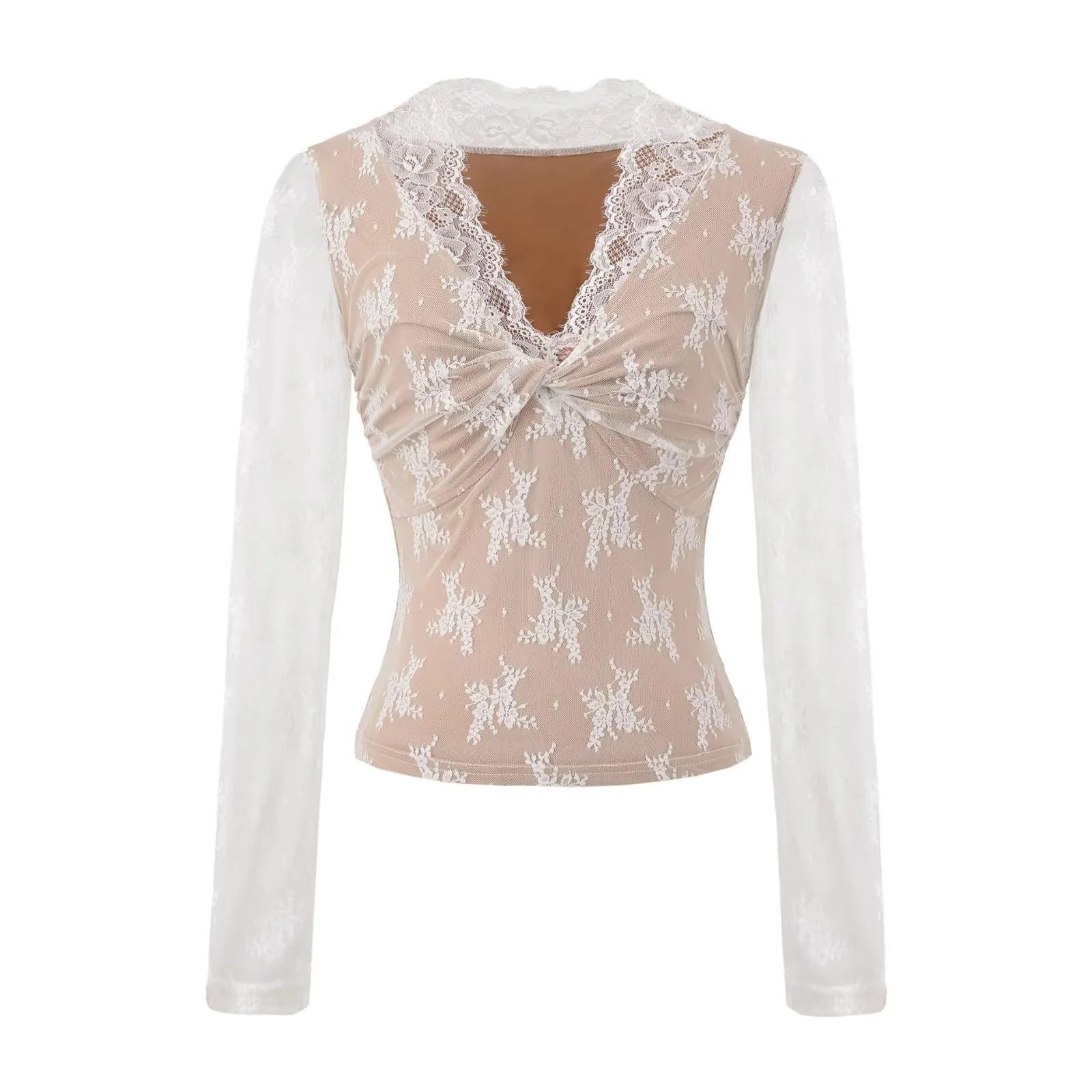 

Euro-American Lace V-Neck Long Sleeve Slimming Top Small білий