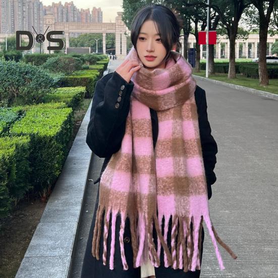 Women Scarf Plaid Print Thickened Warm Long Shawl with Tassel Trim Versatile Winter Blanket Wrap Daily Wear