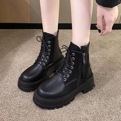 British Design Short Boots for Women's 2024 Autumn and Winter New Double Zipper Motorcycle Boots Thick Sole Elevated Short Boots