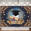 Elegant Graduation Backdrop, Regal Blue and Gold Design with Cap, Diploma and Laurels, Festive Commencement Wall Decor