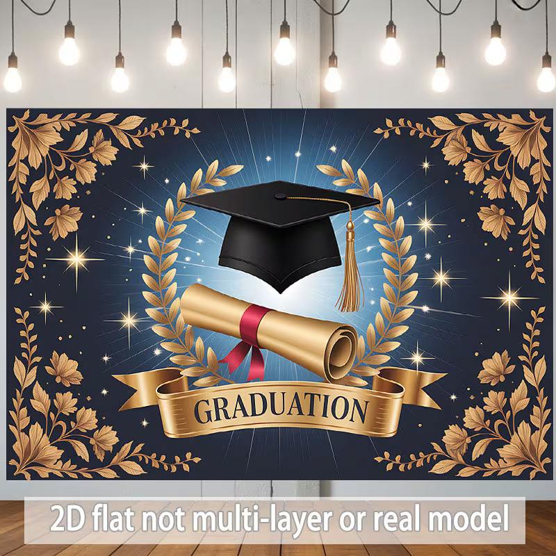 Elegant Graduation Backdrop, Regal Blue and Gold Design with Cap, Diploma and Laurels, Festive Commencement Wall Decor