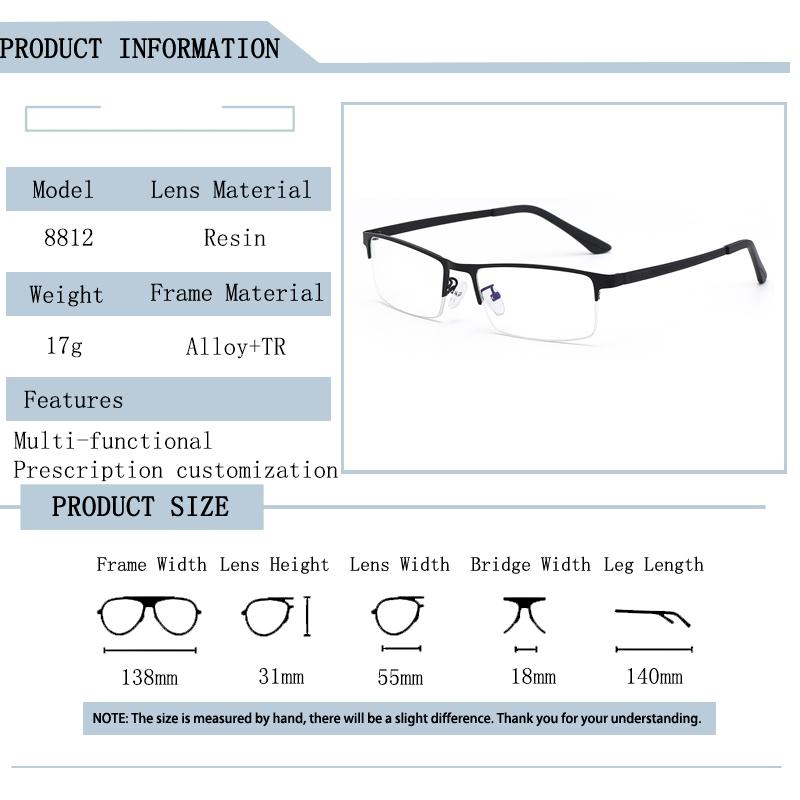 Brand Design Half Frame Eyebrow Glasses Anti Blue Light Photochromic Myopia Prescription Glasses 0 to 600 for Men Women