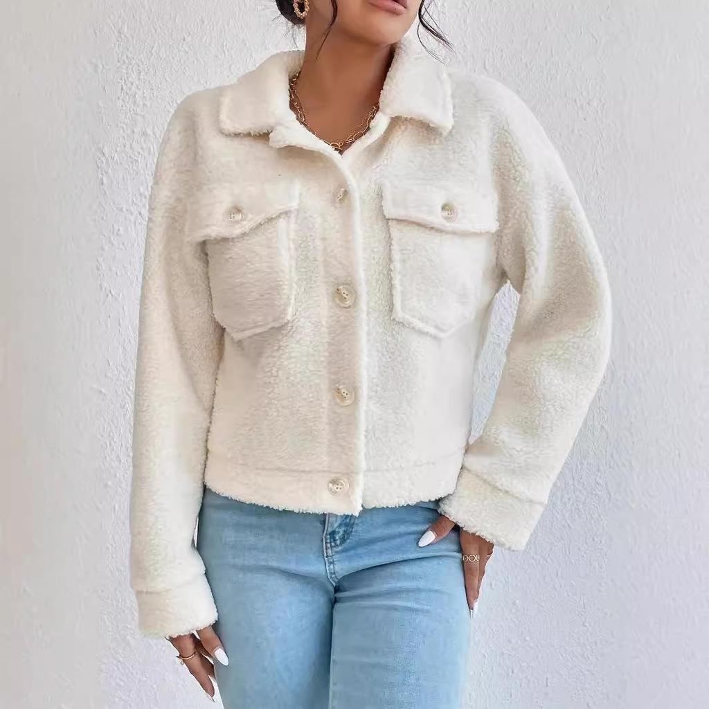 Women's Short Plush White Wool Coat - Winter Design