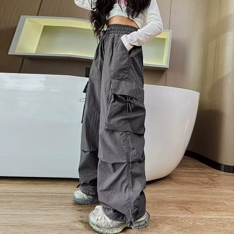 

Children s pants summer thin girls straight overalls medium and older children s spring and autumn trendy cool jazz hip-hop wide-leg pants 120