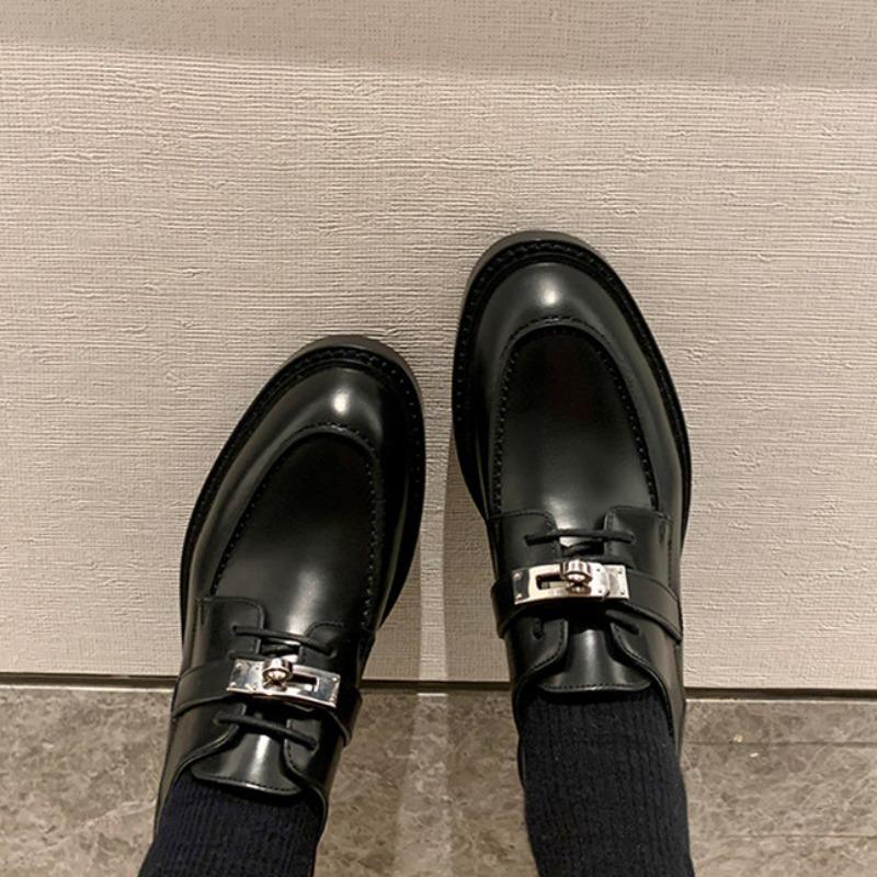 Whole Cowhide~ Retro Lock Leather Platform Women's Lace-up Thick Heel Muffin British with Skirt Small Leather Shoes