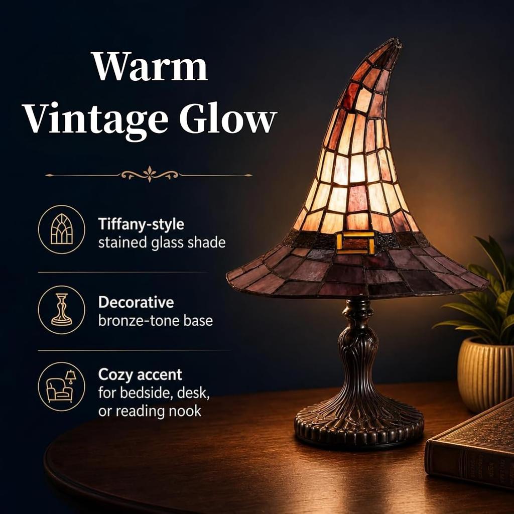 Stained Glass Magic LED Witch Hat Lamp  Yellow USB Plug Resin Night Light  Small Ornament