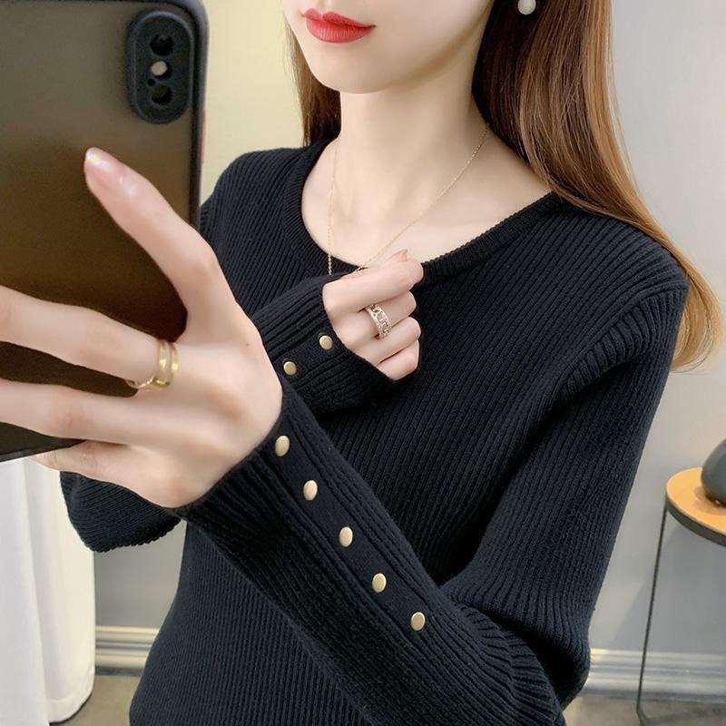 Knitted Bottoming Shirt Women's New Slim-fitting and Thin Solid Color Round Neck Pullover Top