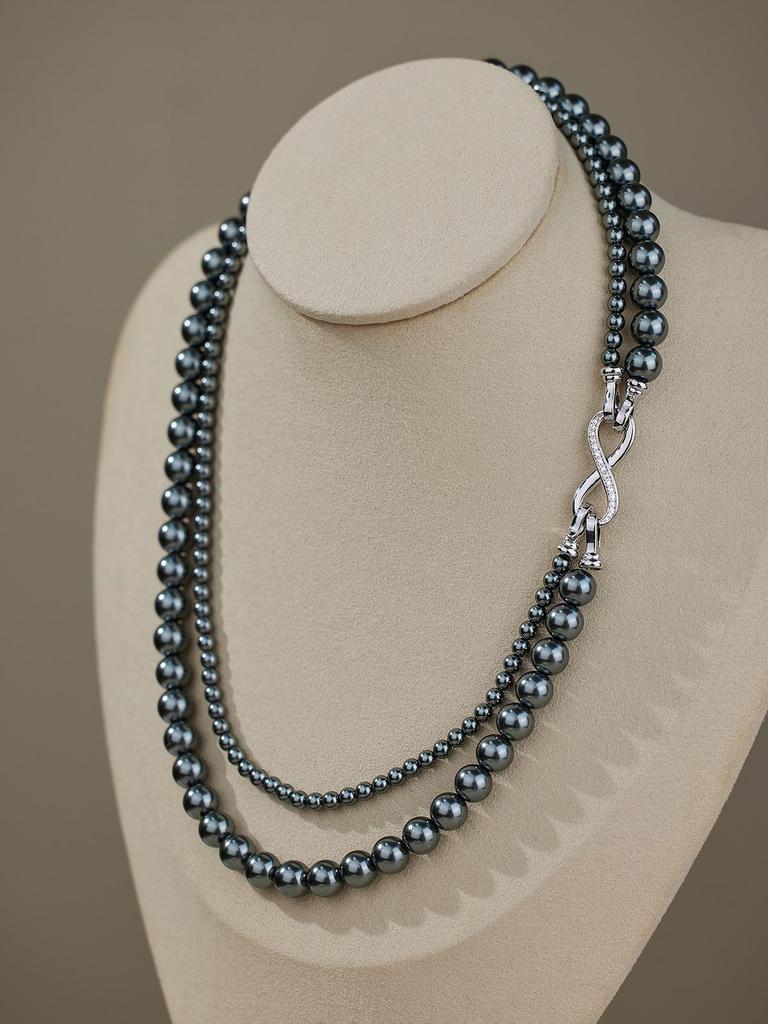 Shijia Pearl Double-Layered Necklace with Detachable 8-Shaped Buckle – Versatile Styles, Hemp Gray Chain.