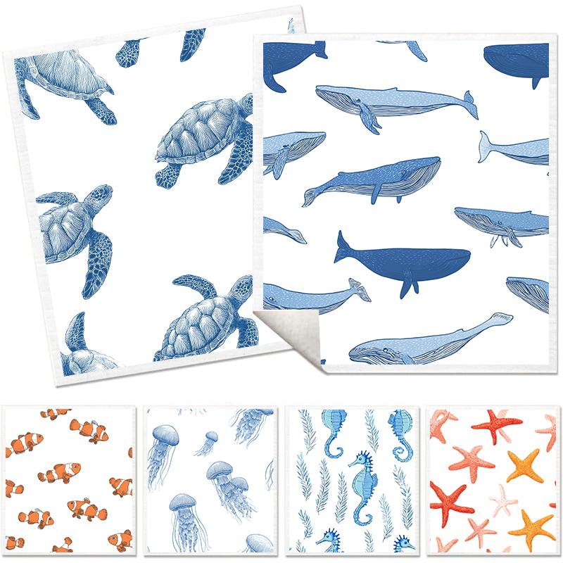 

6PCS Ocean Animals Pattern Swedish Dishcloths Kitchen Dish Towels Absorbent Dish Rags Eco-Friendly Washable Cleaning Wipe Cloths 6 PCS