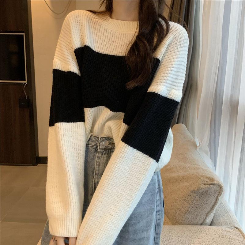 Autumn and Winter Retro Style Short Color Matching Crew Neck Pullover Sweater Women's Loose Lazy Style Versatile Striped Long-sleeved Knitted Sweater