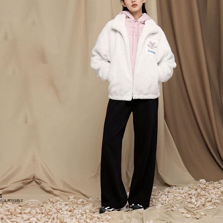 Li Ning Sports Lifestyle Series Solid Color Mid Waist Cuffed Fleece Knit Sweatpants Women bottoms Black AKLT908-4