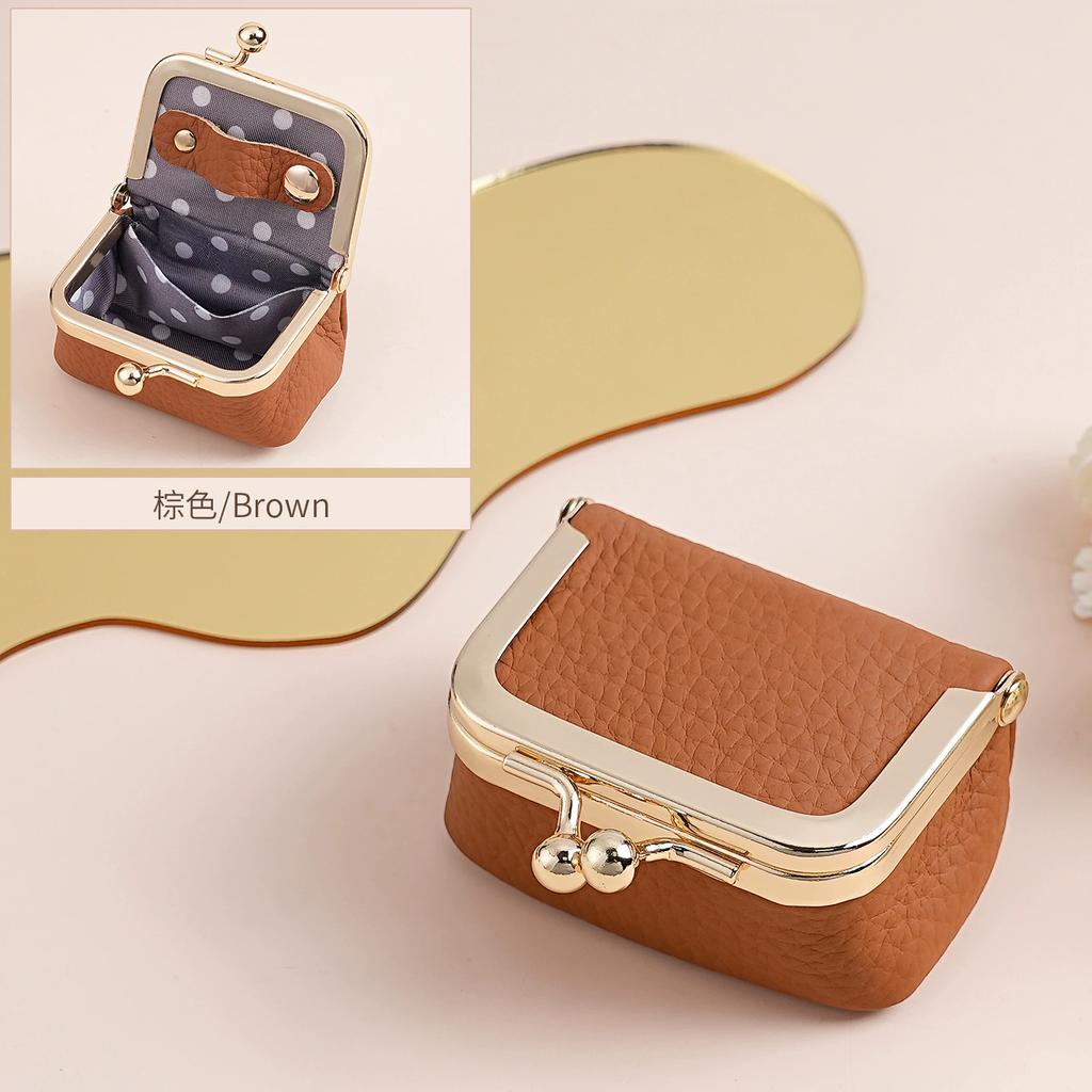 Damen Mini-Münzbörse aus echtem Leder Unifarbene Kussverschluss-Münztasche Lässige kleine Aufbewahrungstasche