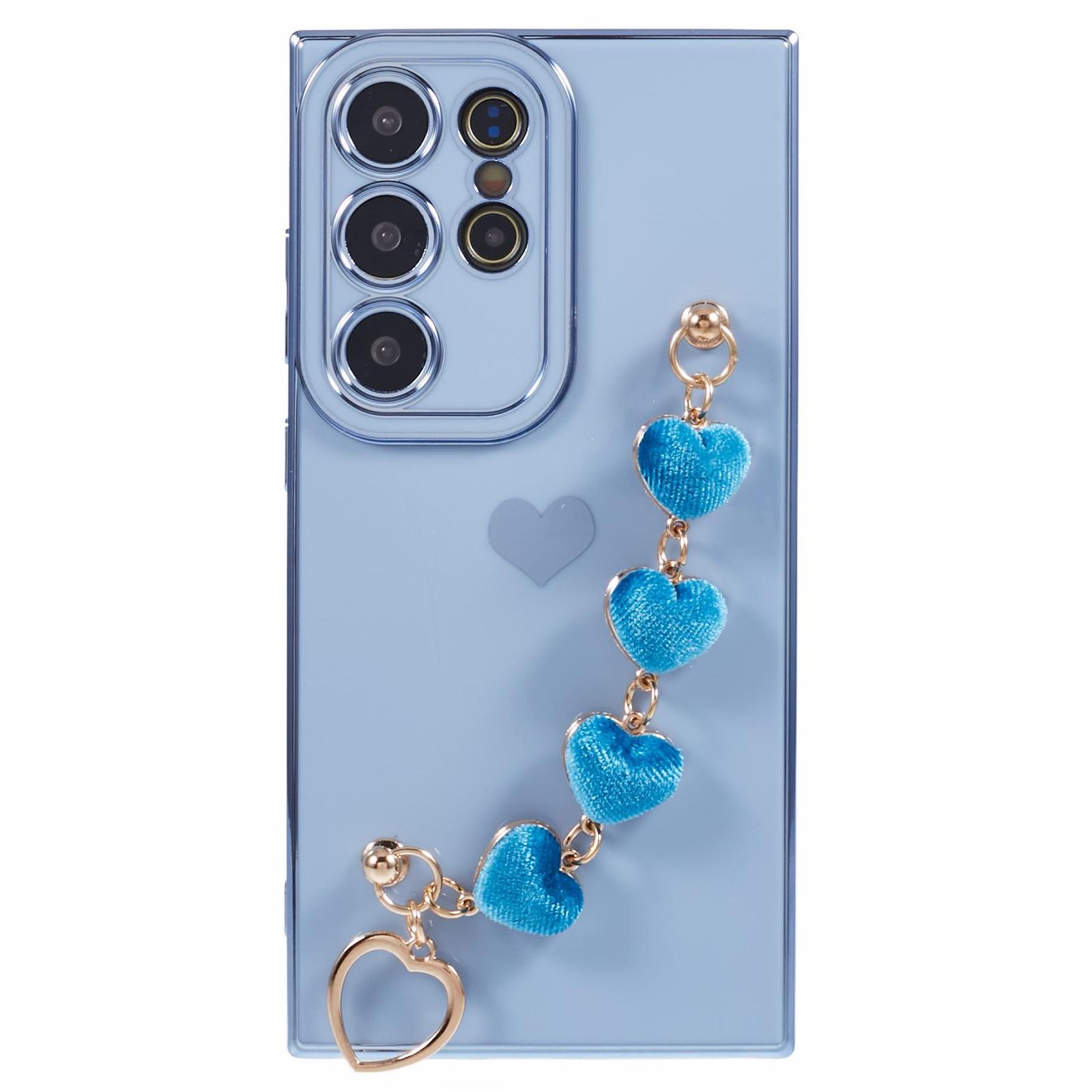 

For Samsung Galaxy S22 Ultra 5G Case Heart Pattern Electroplating TPU Cover with Hand Strap Blue