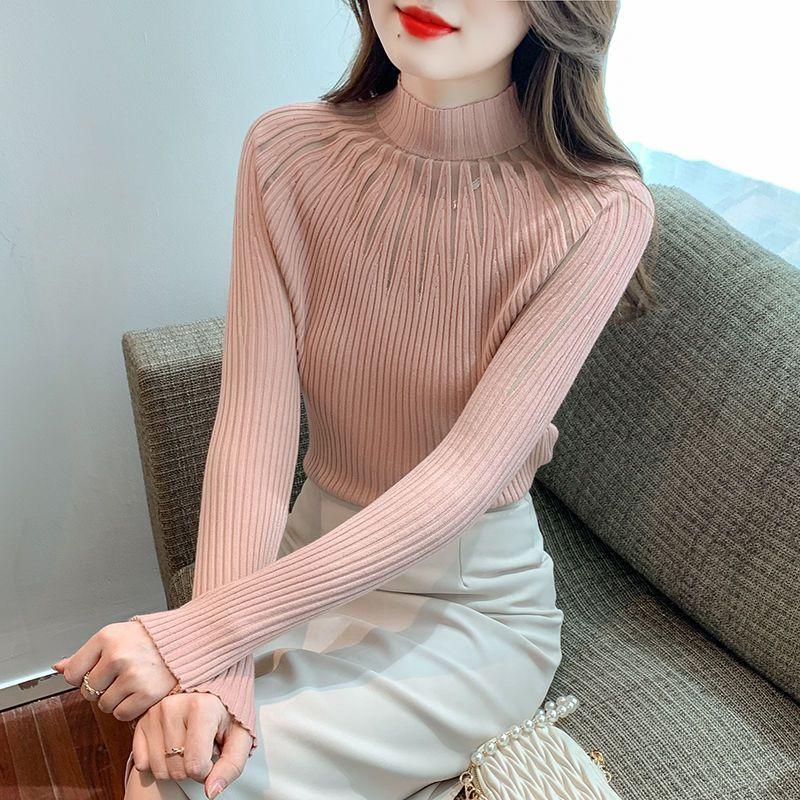 

Кружевной базовый топ для женщин с длинными рукавами, осенне-зимний, новый стиль, облегающий пуловер, вязаный топ, универсальный обтягивающий свитер L розовый