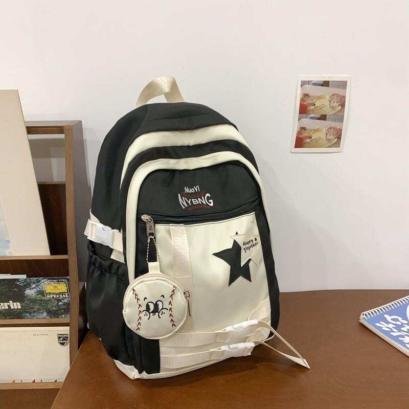 Blocked Fashionable Color Letter Embroidery Star Decoration Student Backpack
