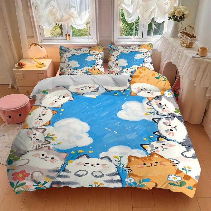 3pcs Sunny Days and Cats Quilt Cover Set - Soft & Comfortable Polyester Fabric, All-Season Breathable Comforter Set For 1 Quilt Cover & 2 Pillowc