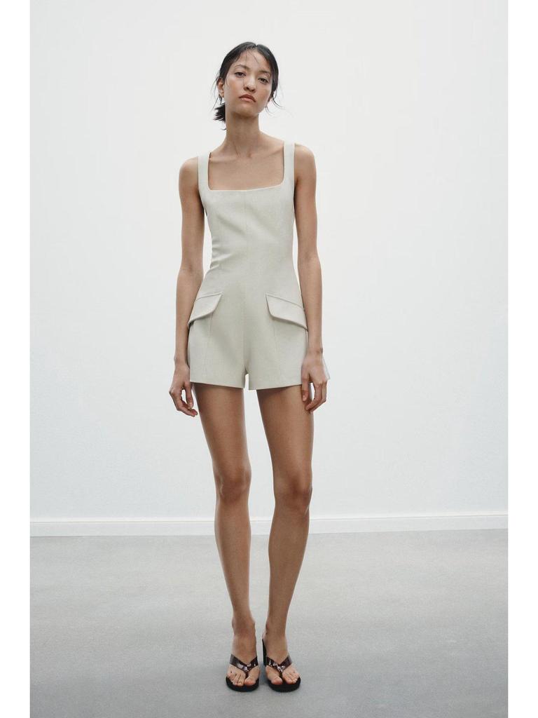 2025 Spring/Summer Women's Backless Sleeveless Square Neck Jumpsuit Dress with Patch Pocket and Spaghetti Straps