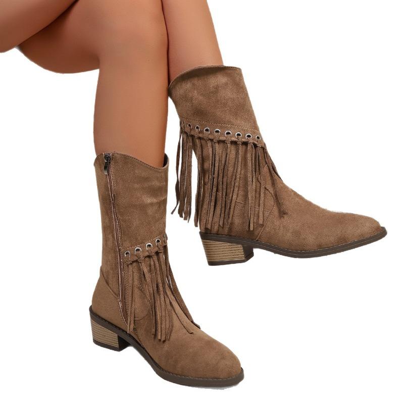 Plus Size Fringe Boots Women's Winter 2025 New Vintage Side Zipper Western Cowboy Boots