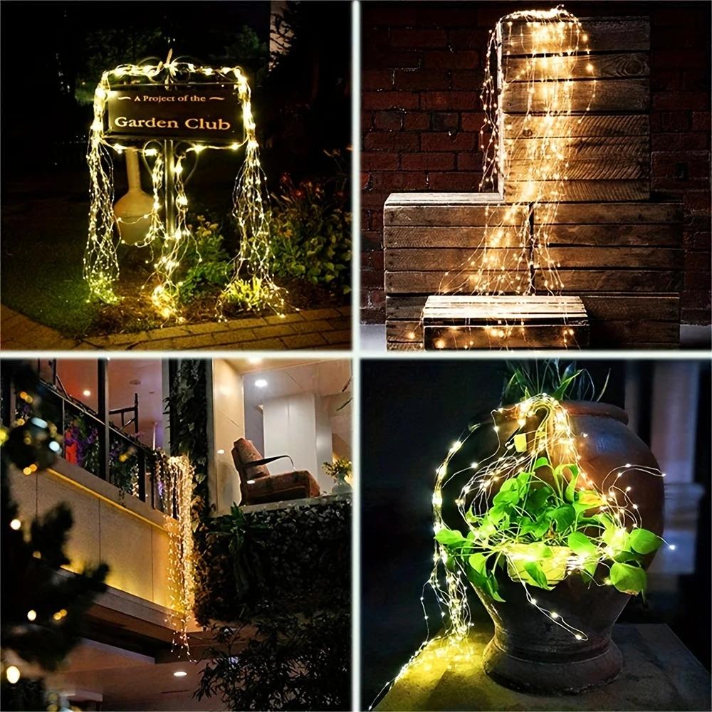 1pc 200/300LED Solar Copper Wire Horsetail String Light Outdoor Garden Tree Cane Fairy Lamp For Home Wedding Festival Decoration