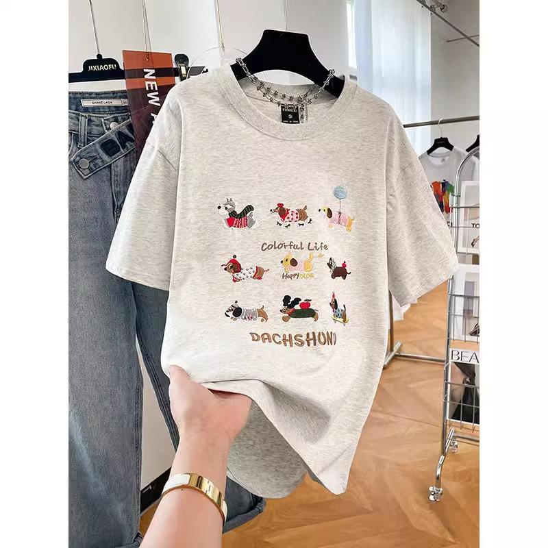 

Женская летняя футболка из 100% хлопка свободного кроя с короткими рукавами и вышивкой в виде щенка L