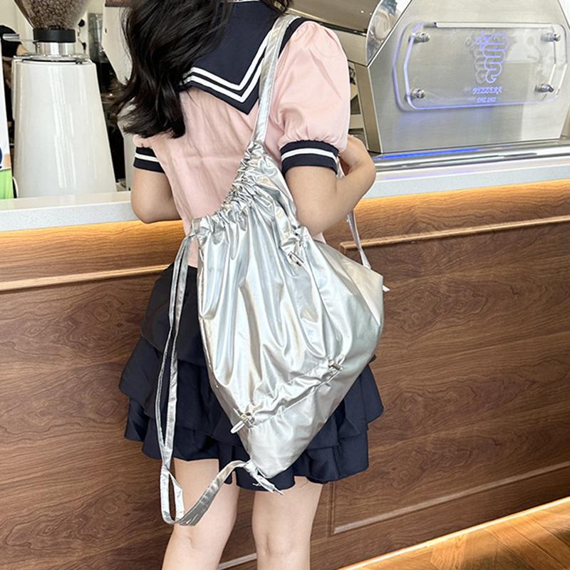 New Silvery Drawstring Double Shoulder Bag Women's Korean Lazy Tote Backpack Lightweight Easy-to-Carry Outdoor Sports Backpack AVE