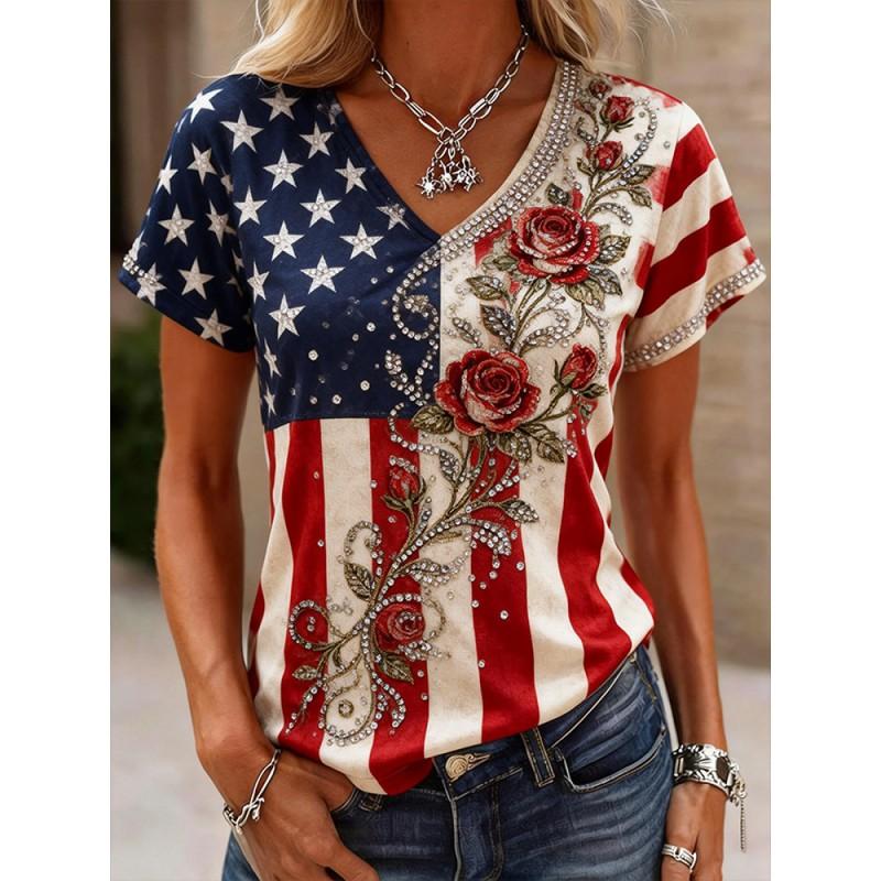 V-Neck Short Sleeve T-Shirt With Blue White Striped Print Loose Fit Casual Top Women 2025