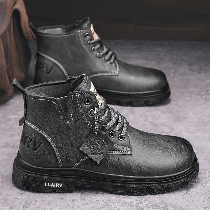 

2026 Men s Luxury Boots Trend Fashion Versatile Hiking Shoes Waterproof High Top Lace Up Anti Slip Hiking Shoes Black Flat Shoes 39 серый