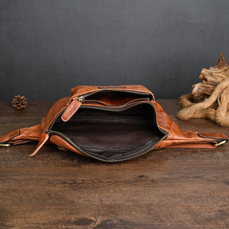 Vintage Chaozhou Hand-Colored Leather Fanny Pack: Retro Genuine Leather Chest Bag with Multi-Pocket Phone Holder