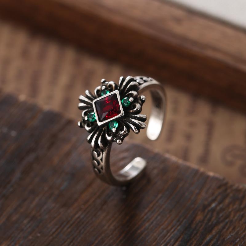 Adjustable Open Sophisticated Copper Ring With Red Zircon For Women Vintage Punk Inspired Fashion