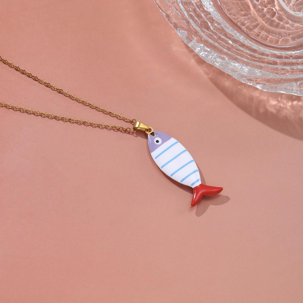 Colorful Drip Glaze Fish Pendant Necklace - 304 Stainless Steel Women's Gold Clavicle Chain