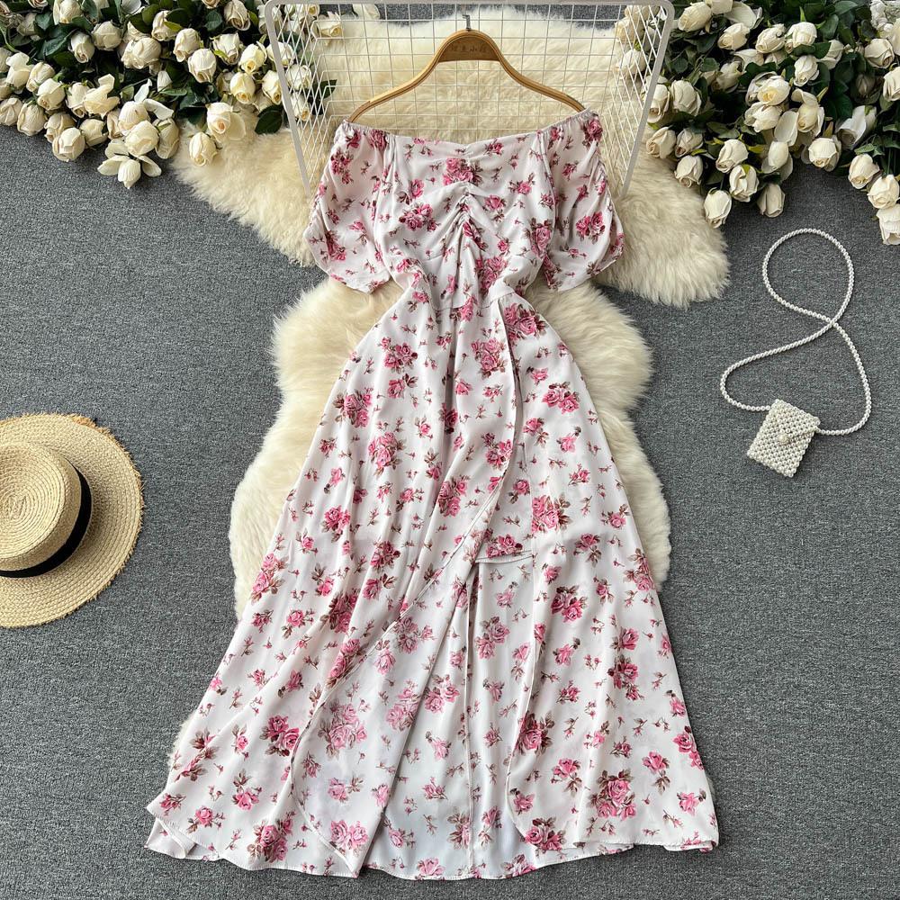 Blumenkleider Damen Sommer Französische Eustoma Ein Schulter Kurze Ärmel Teepause Schlitz Knielang Kleid