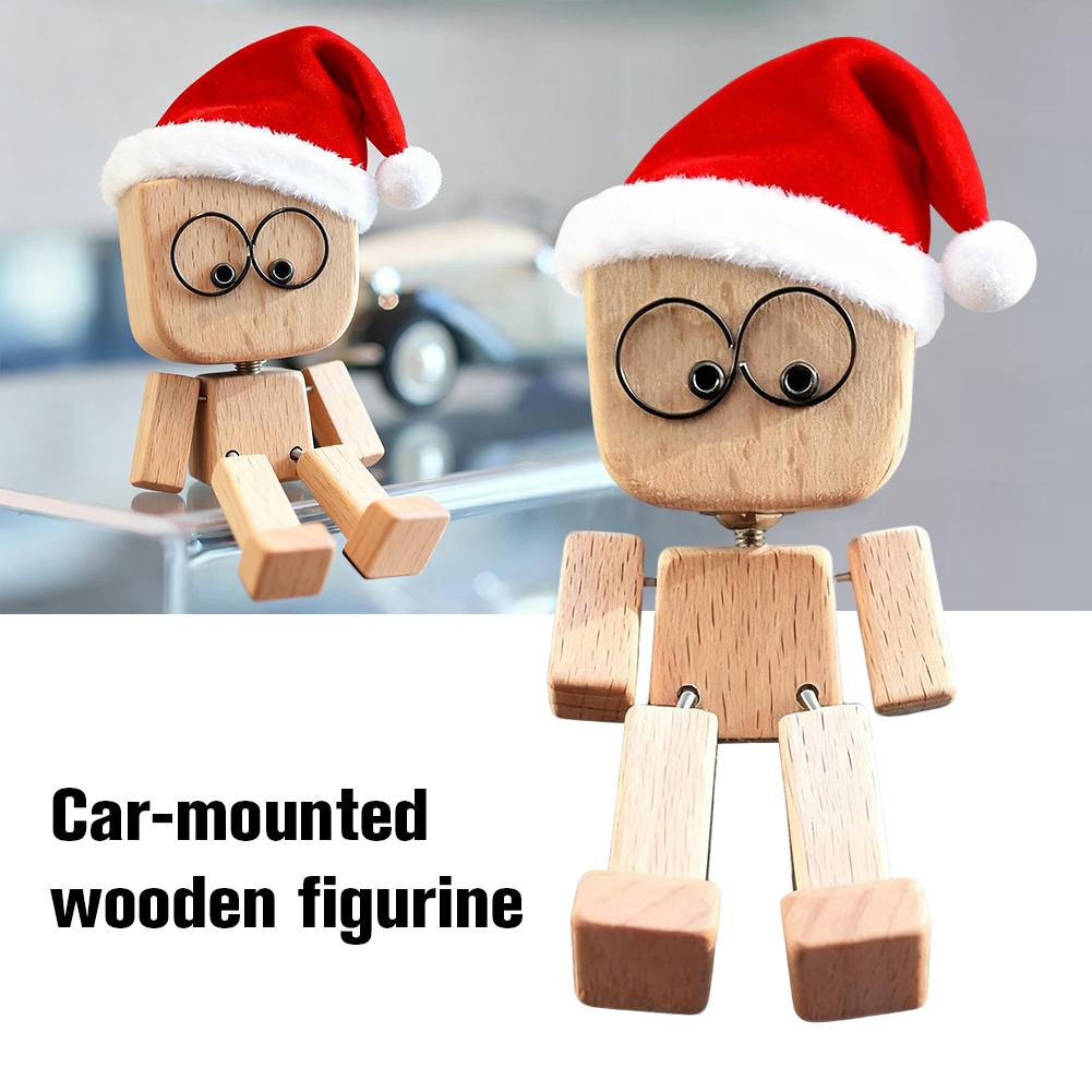 Christmas Hat Leg-swinging Robot Figurine Cute Wood Man Shaking Wooden Man Figurine With Function Of Changing