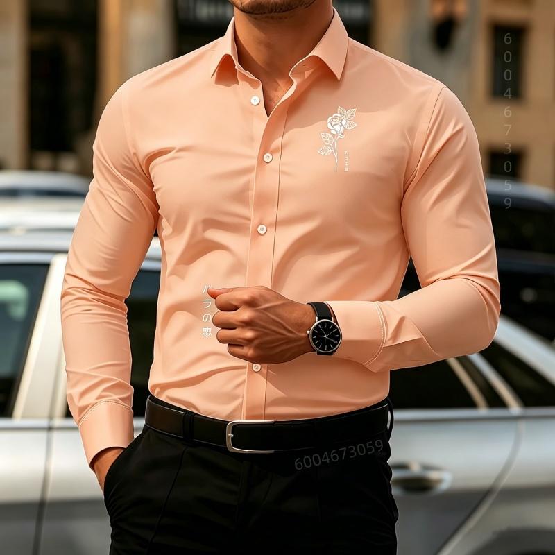 Men's Shirt Collar Long Sleeved Shirt Rose Print Design Simple Slim Fit Single Breasted Men's Top