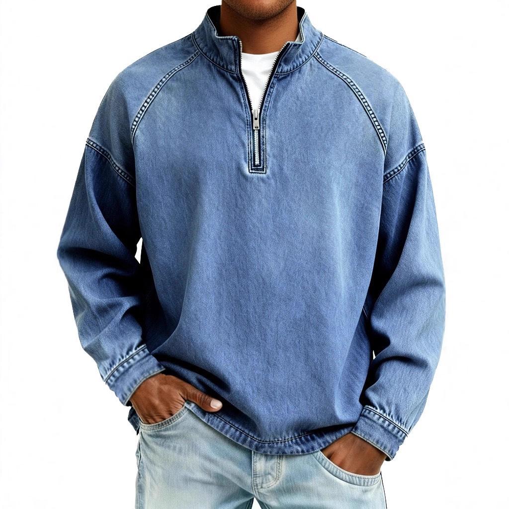 2025 Autumn/Winter Men's Long Sleeve Half-Zip Distressed Denim Hoodie